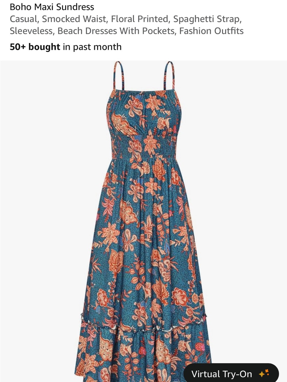 Smocked Teal Floral Maxi Sundress with Spaghetti Straps